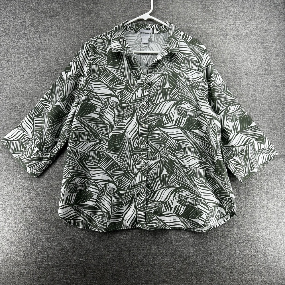 Chicos Blouse Top Short Sleeve Women Size 3/16 Tropical Green 100% Linen